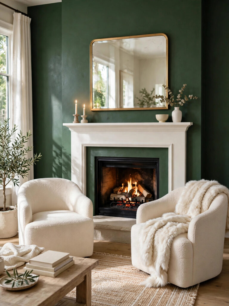 Green Accent Wall Fireplace with a white mantel, large mirror, and cream chairs
