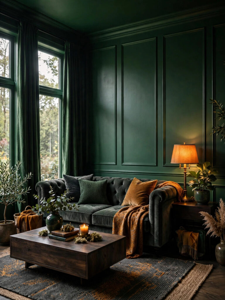 Moody Monochrome Green Room with walls, trim, and ceiling in deep green and warm lamplight