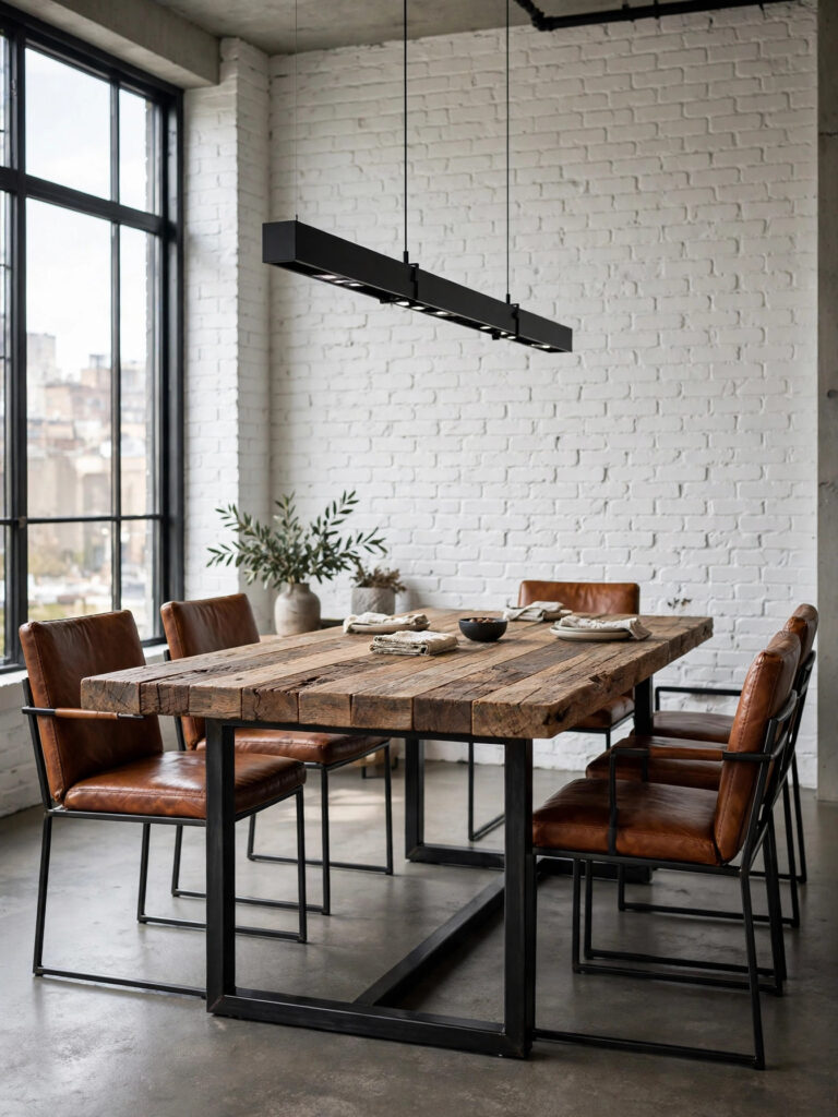 Black Metal Frame Industrial Formal Set with a thick wood table and cognac leather chairs