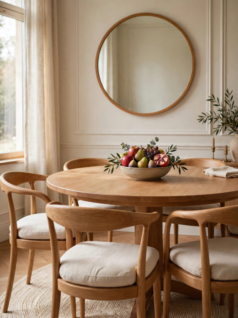 Round Table for Intimate Gatherings in white oak with curved chairs, fruit bowl, and a round mirror