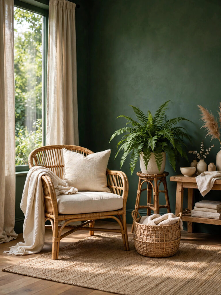 Natural Linen and Rattan Texture with a rattan chair, linen curtains, and a fern in a green room