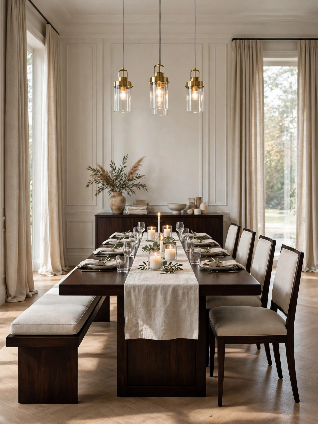 Brass Orbit with Linen Shades chandelier with small drum shades above a console in a warm foyer