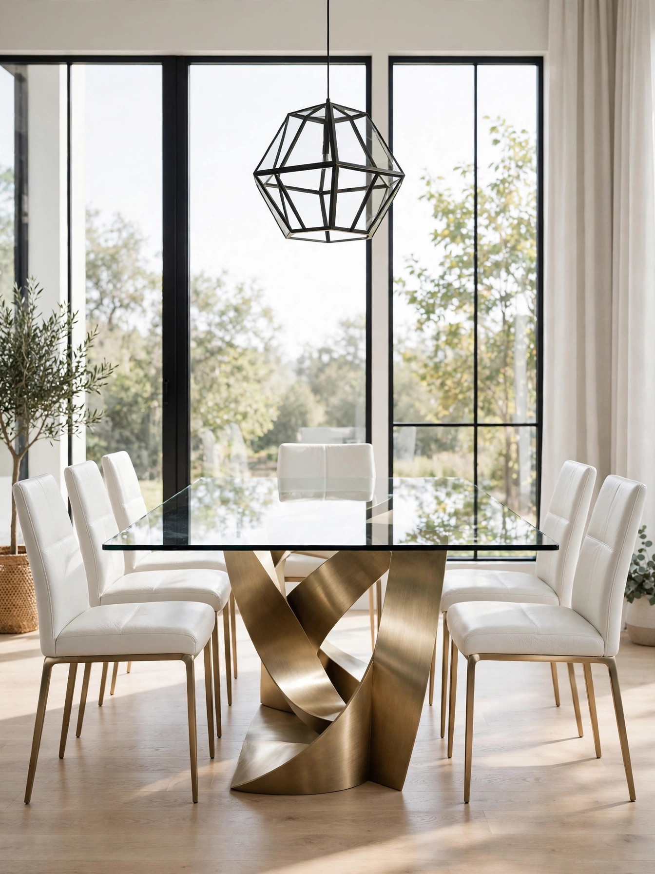 Smoked Glass Modern Orb chandelier above a round walnut table beside a tall plant in a foyer