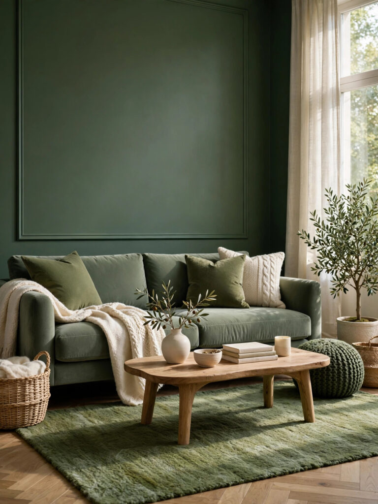 Sage-to-Forest Tonal Layers with a sage sofa, olive pillows, and a moss green rug