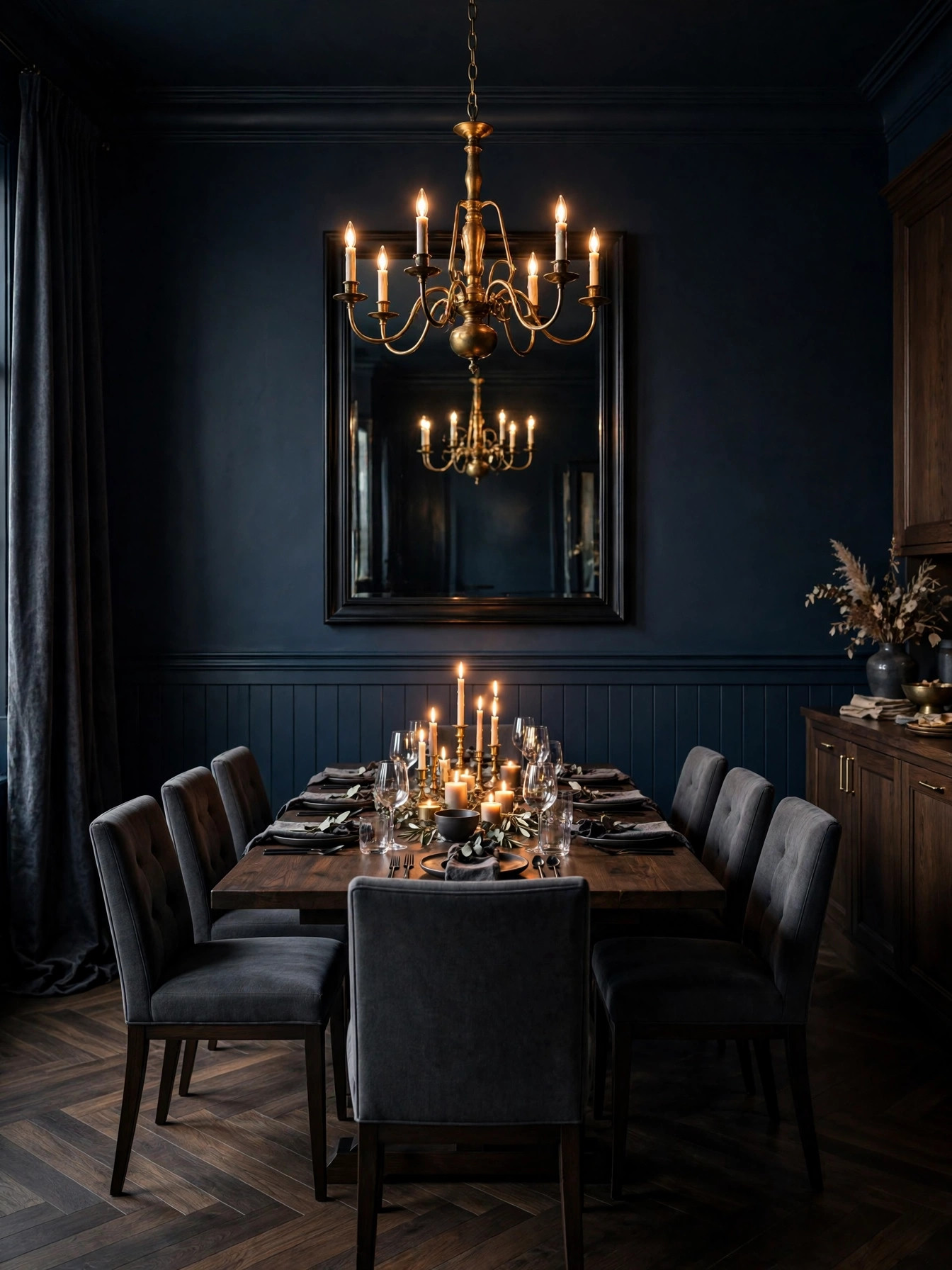 Crystal Reimagined in Modern Lines chandelier above a white console with abstract art and marble floor