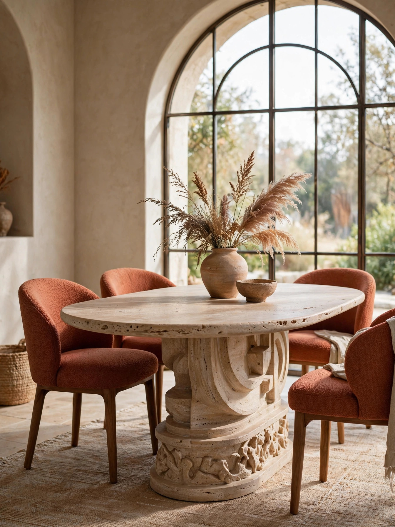 Mirror and Chandelier Light Duo with a brass chandelier reflected in a large arched mirror above a console