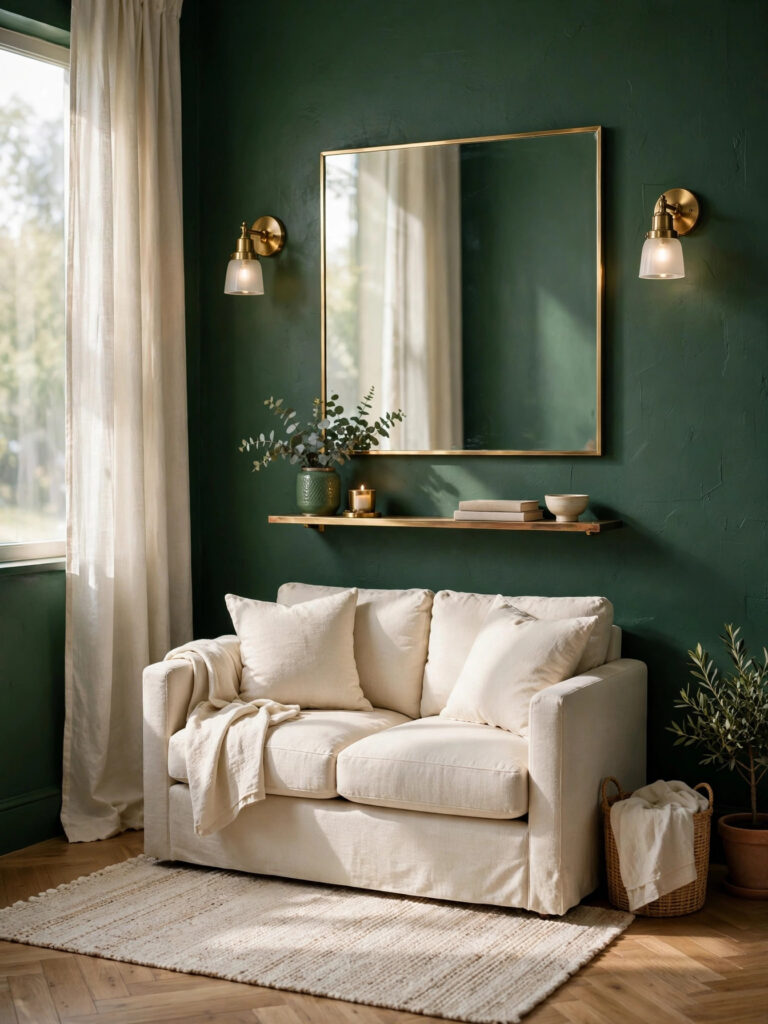 Small Living Room in Dark Green with a compact cream loveseat, large mirror, and wall sconces