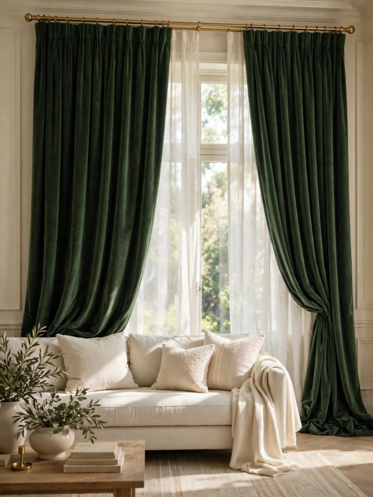 Green Velvet Curtains and Drapery in forest green on a brass rod in a cream living room