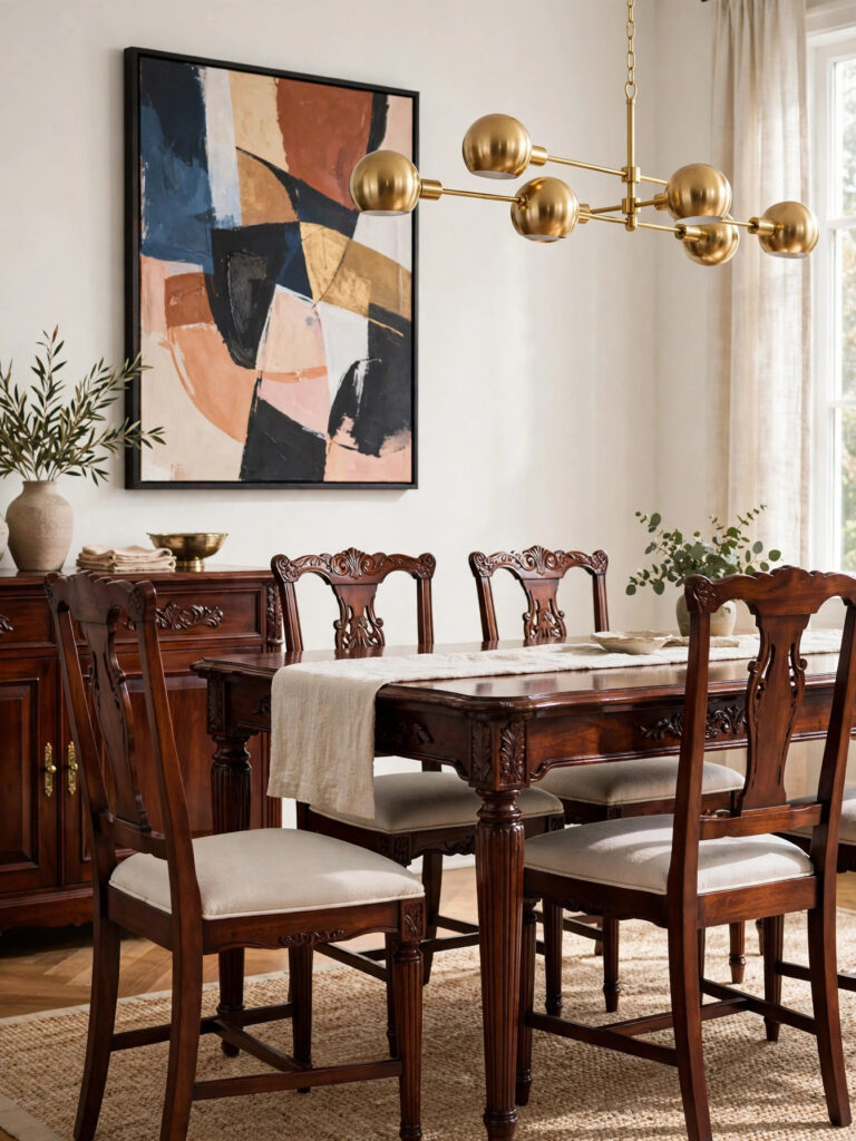 Gold Accent Traditional Update with carved dark wood chairs, new pale cushions, and modern gold lighting