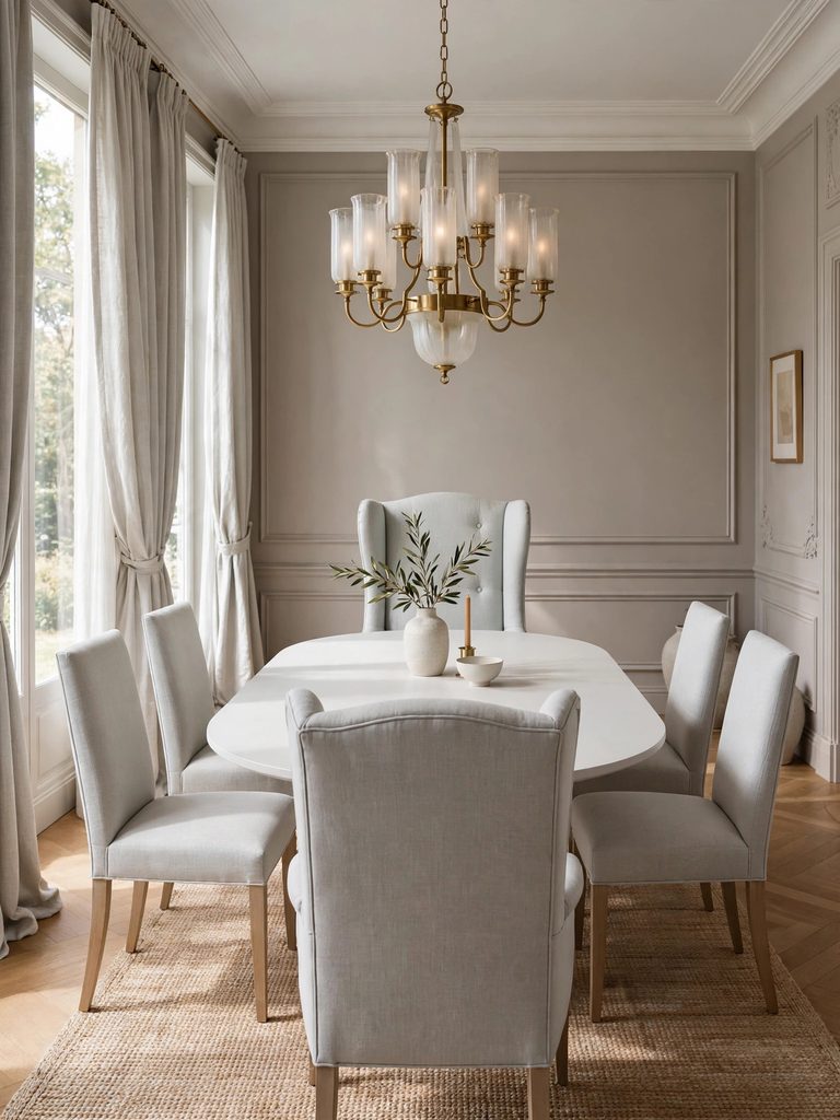 Pale Gray Upholstered Host Chairs at the ends of a white oval table with a statement chandelier