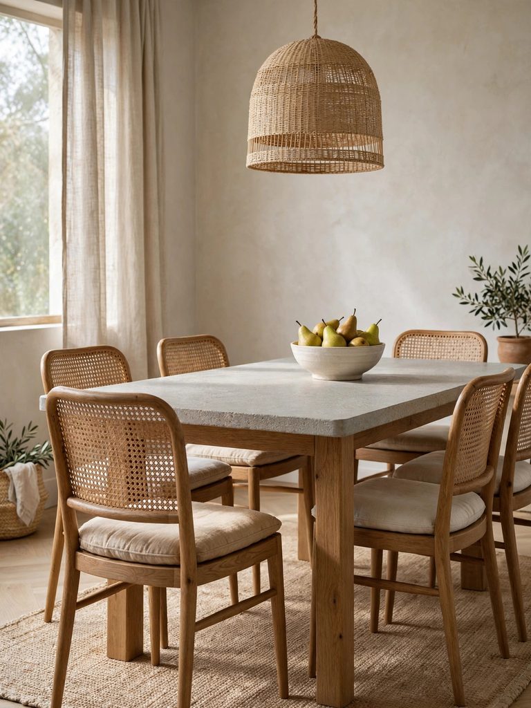 Natural Stone and Wood Duo with a honed stone table, oak legs, and cane-back chairs