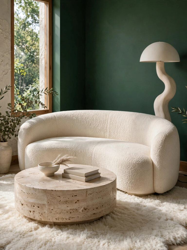Cream Bouclé and Green Softness with a curved sofa and round coffee table against green walls