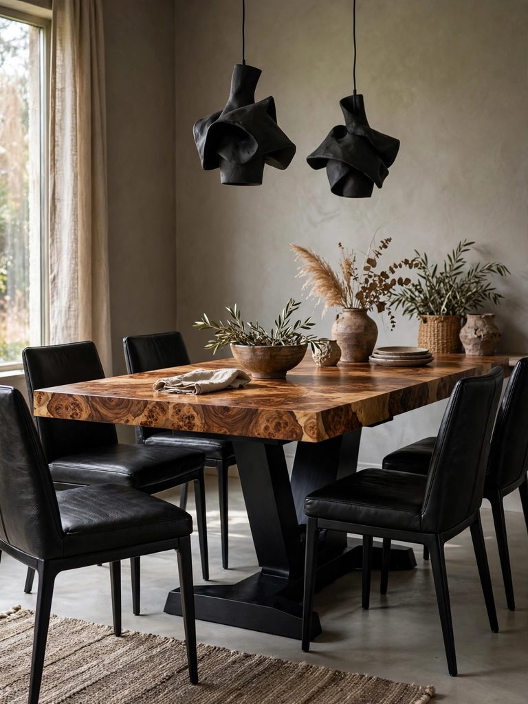 Burl Wood and Black Contrast with a figured wood table, black base, and black leather chairs