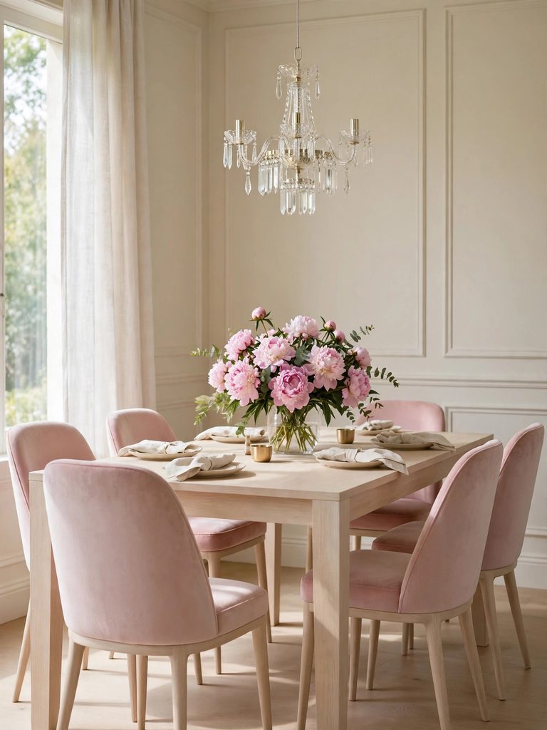 Soft Blush Romantic Formal Set with blush velvet chairs, a pale wood table, and pink peonies