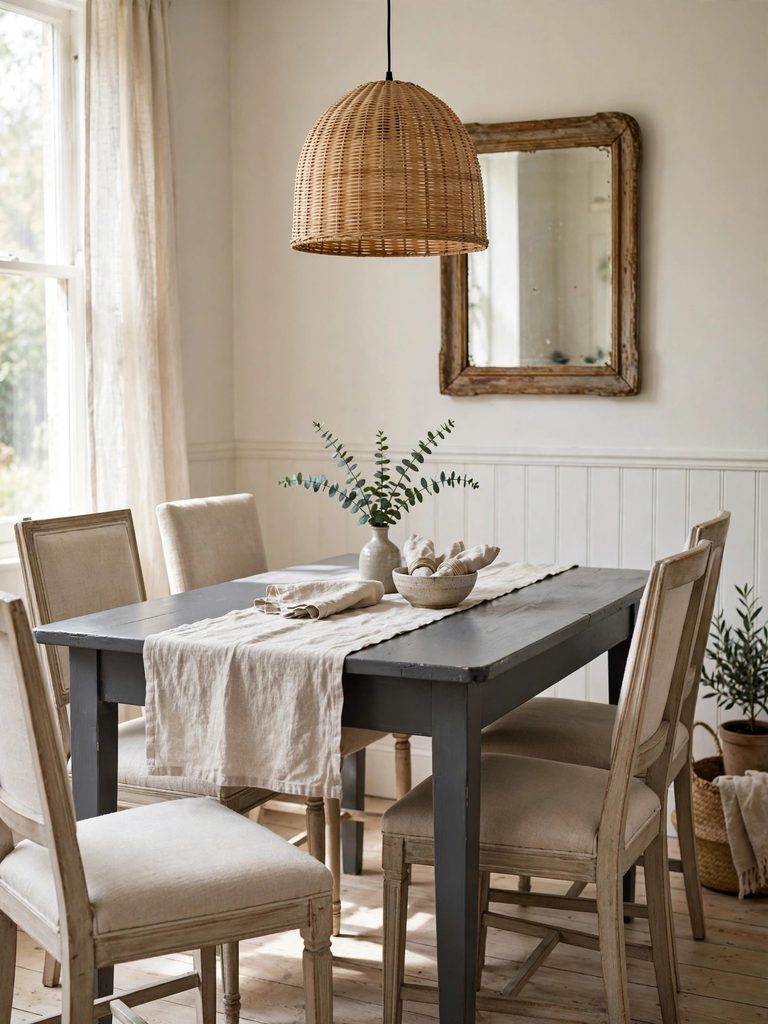 Budget-Friendly Formal Dining Refresh with a charcoal painted table and reupholstered secondhand chairs