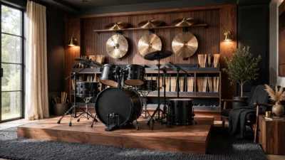 15 Drum Room Ideas With Storage Solutions Every Drummer Needs, featuring a styled kit with walnut riser and walnut stick rack