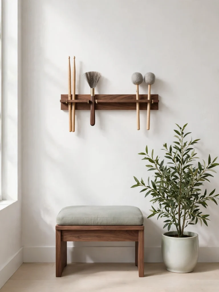 Wall-Mounted Stick and Brush Rack in walnut holding drumsticks, brushes, and mallets above a small bench
