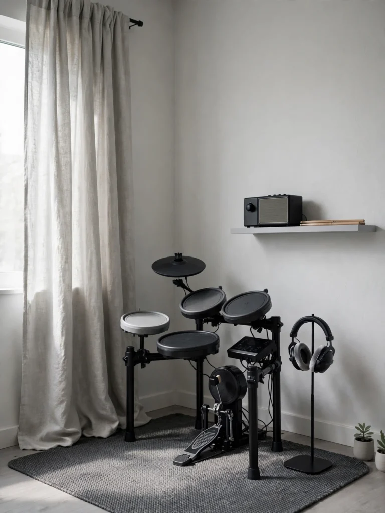 Electronic Kit Apartment Corner with headphones, a slim shelf, and a compact electronic drum setup