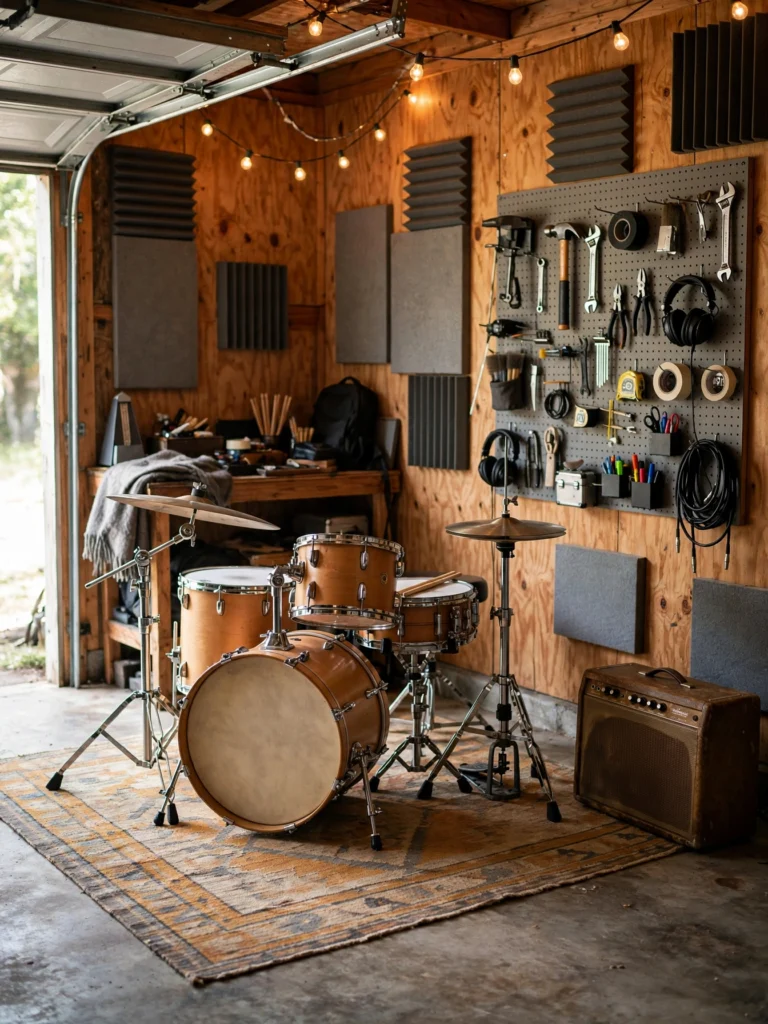 Garage Drum Studio Conversion with insulated walls, a large rug, pegboard storage, and string lights