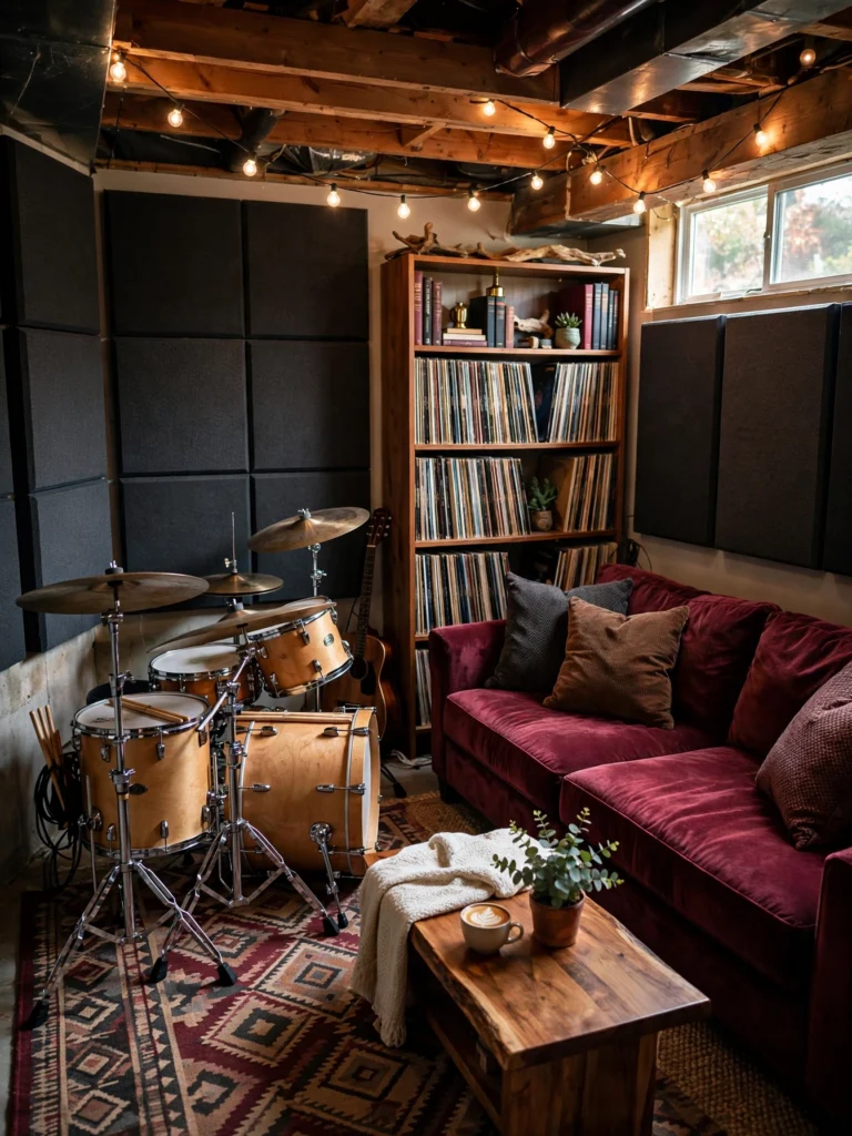 Basement Rehearsal Lounge with a drum kit, plush sectional, record shelf, and acoustic panels