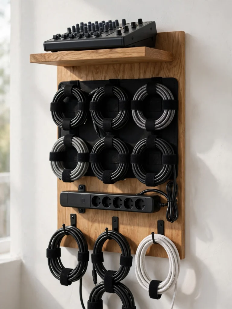Cable Management and Power Station with coiled cables, a mounted power strip, and a small mixer shelf