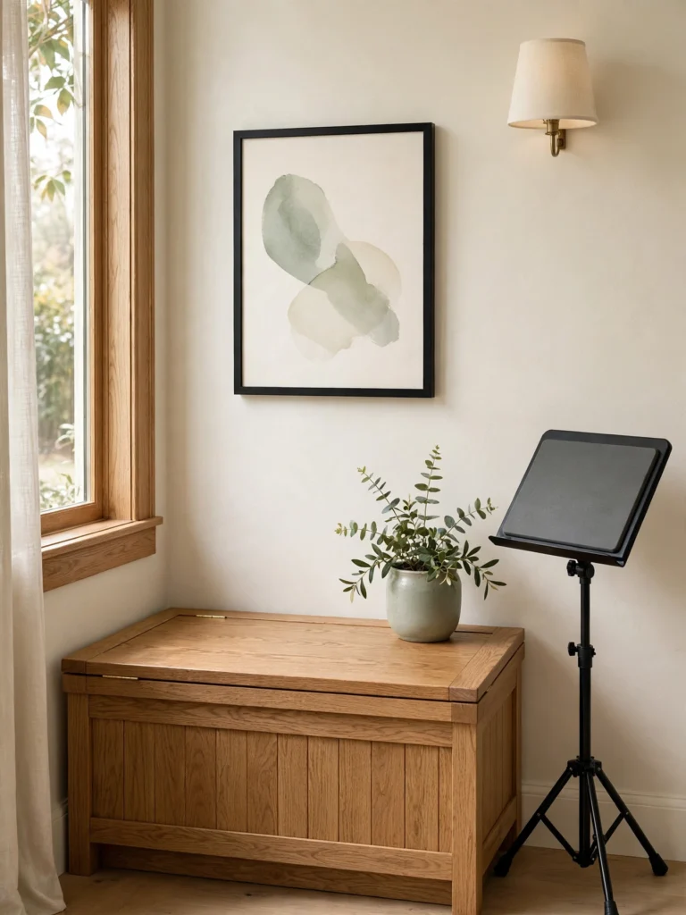 Warm Wood Lounge and Practice Nook with a storage bench, practice pad stand, and small plant