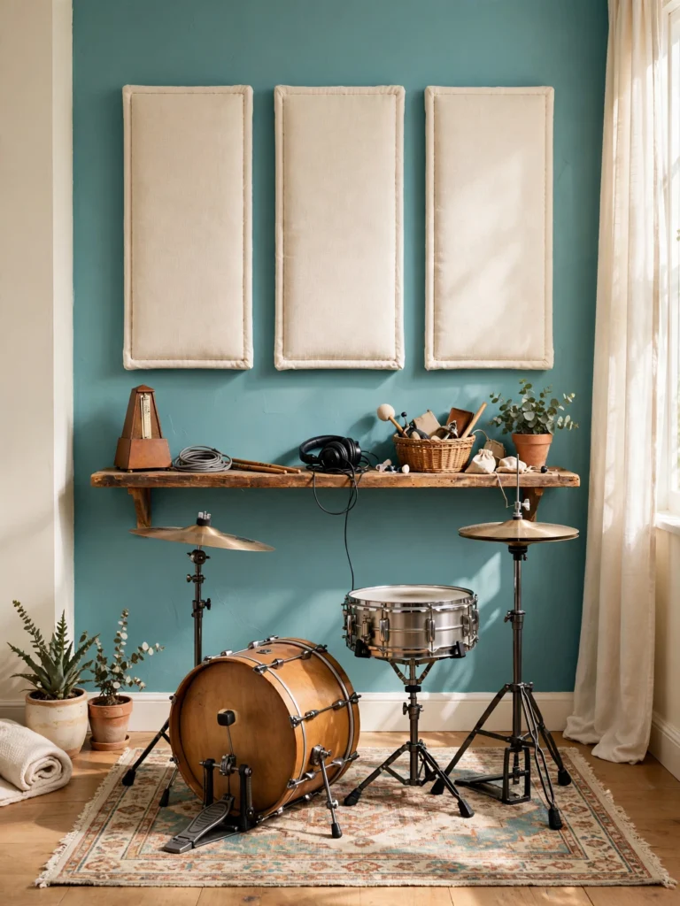 Budget DIY Drum Room Refresh with homemade acoustic panels, a secondhand rug, and a thrifted gear shelf