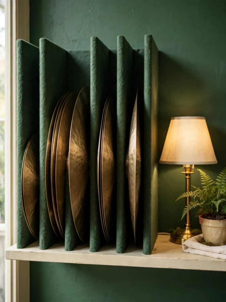 Cymbal Shelf and Felt-Lined Storage with upright brass cymbals on a deep green wall