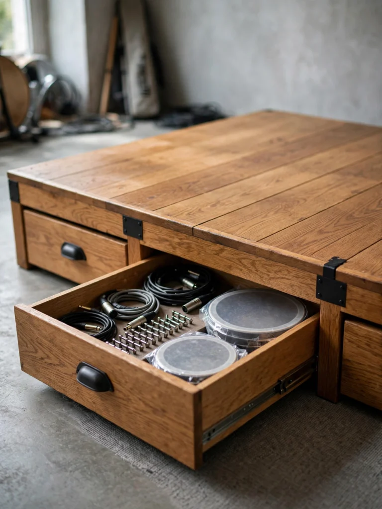 Under-Riser Drawer Storage with an open drawer of cables, tuning keys, and spare drum heads