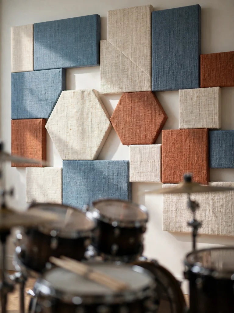 Acoustic Panel Wall Art in dusty blue, cream, and terracotta behind a drum kit
