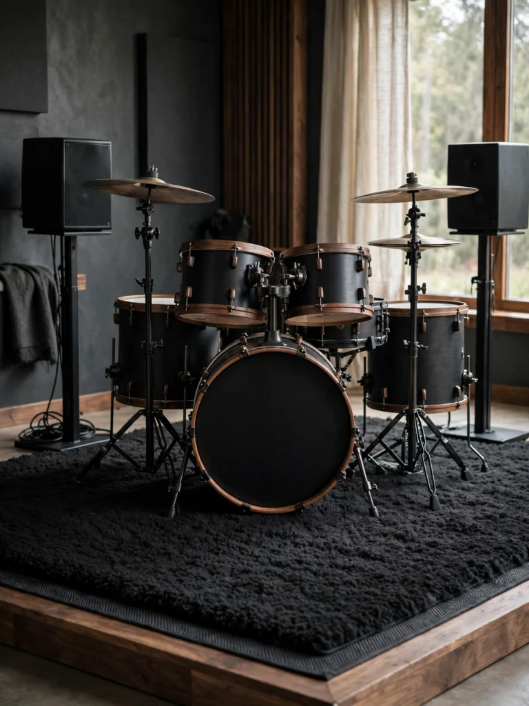 Thick Rug and Riser Anchor Zone with a charcoal rug under a drum kit and throne