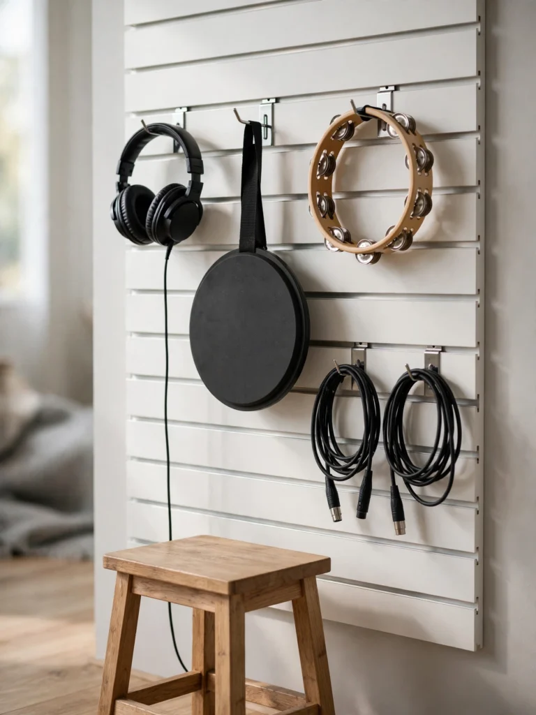 Slatwall Gear Display with hooks for headphones, a practice pad, a tambourine, and cable coils
