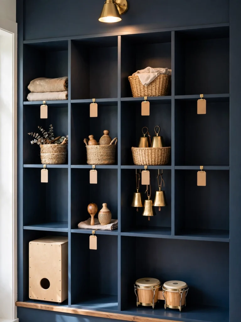 Built-In Percussion Cubby Wall in navy with a cajón, bongos, shakers, and cowbells