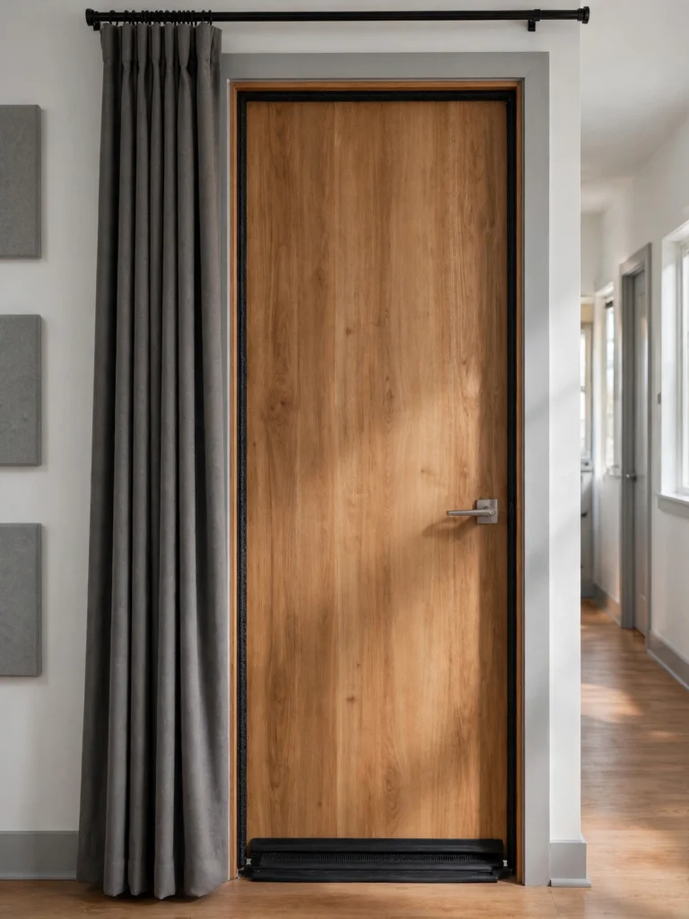 Soundproofing Door and Seal Upgrade with a solid-core door, weatherstripping, and acoustic curtain