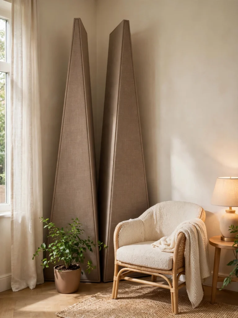Corner Bass Trap Nook with taupe fabric traps, a leafy plant, and a small reading chair