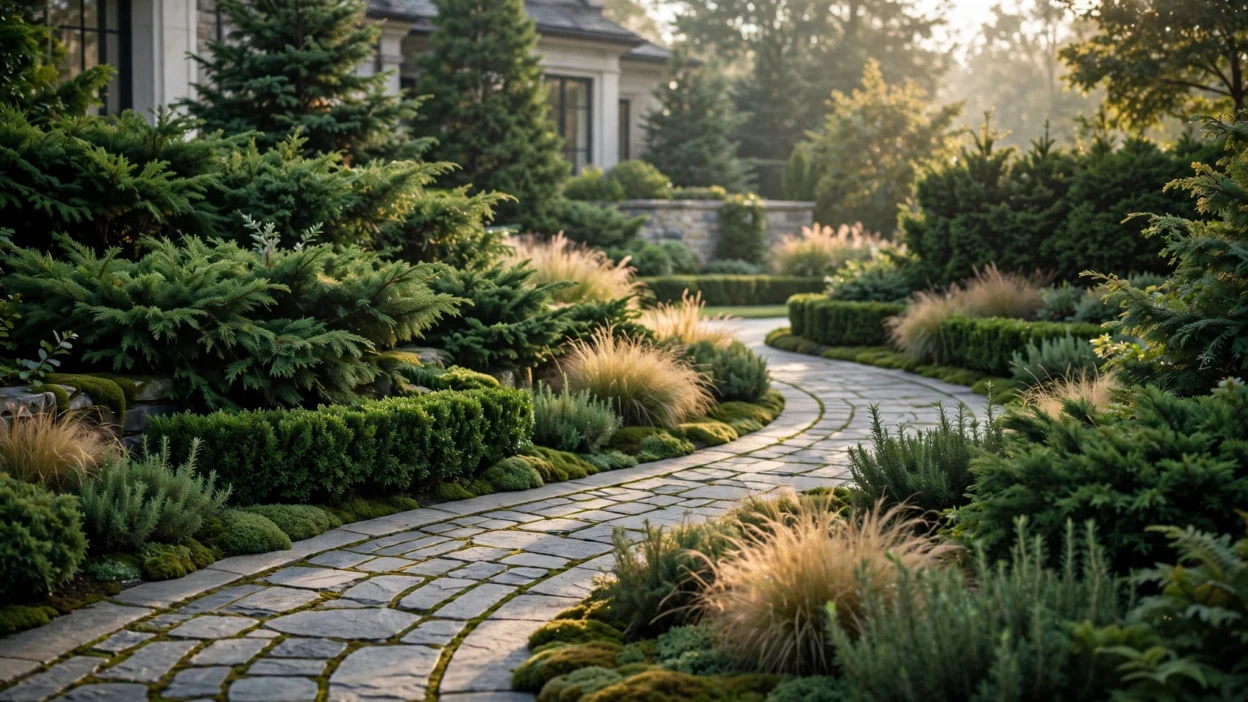 20 Evergreen Front Yard Ideas That Look Stunning in Every Season, featuring layered evergreen borders and a curved stone path