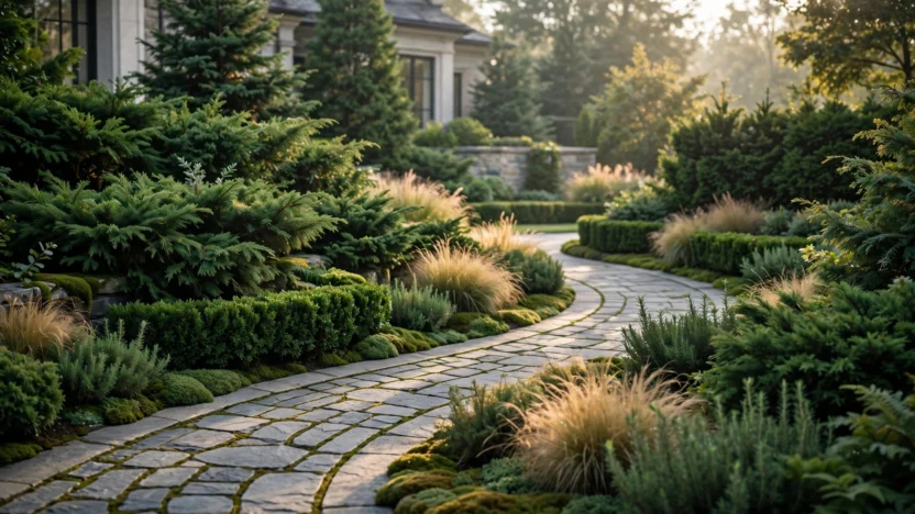 20 Evergreen Front Yard Ideas That Look Stunning in Every Season, featuring layered evergreen borders and a curved stone path