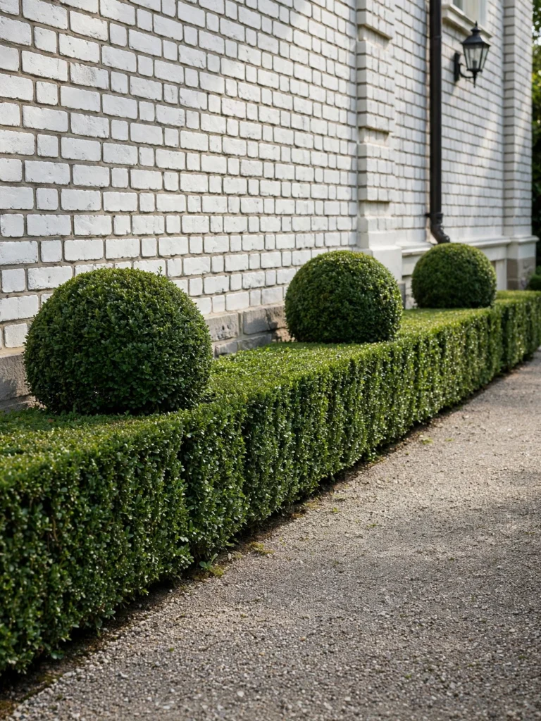 Clipped Boxwood Foundation Border along a white brick house with topiary balls and a gravel path
