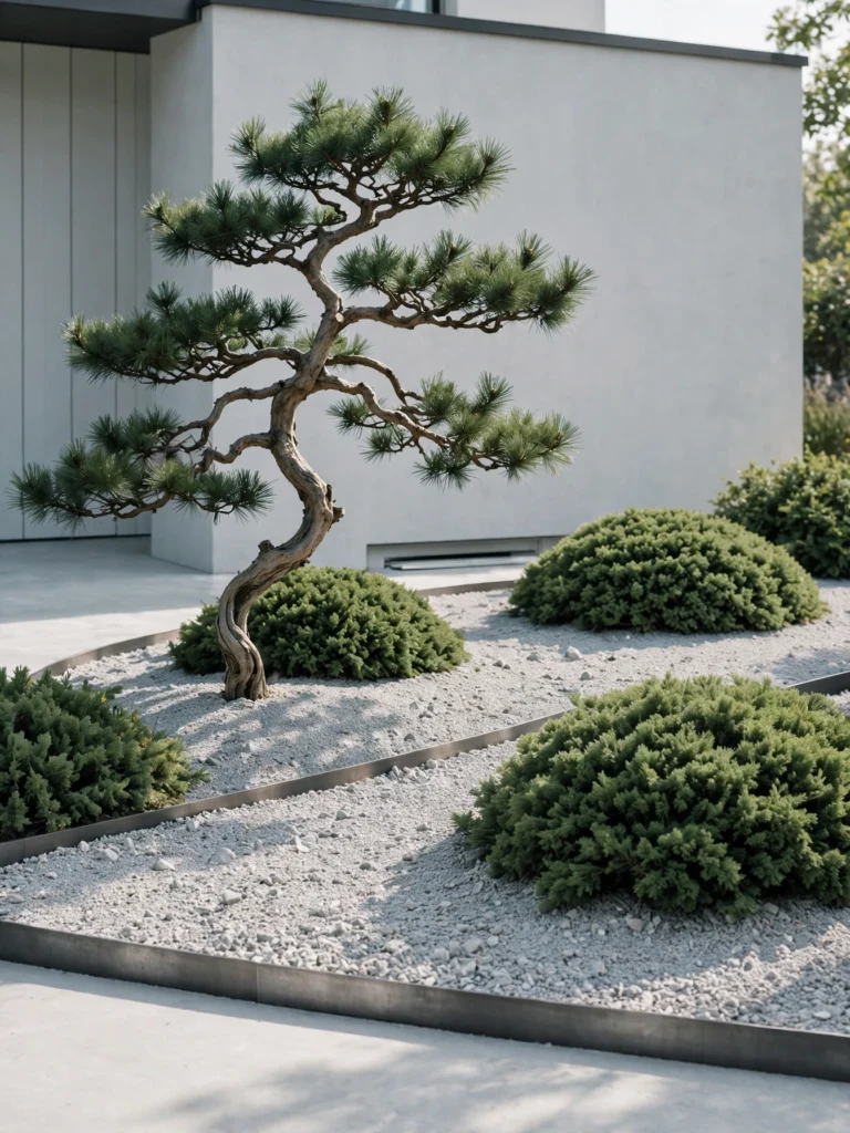 Low-Maintenance Gravel and Evergreen Bed with mounded shrubs, a sculptural pine, and steel edging