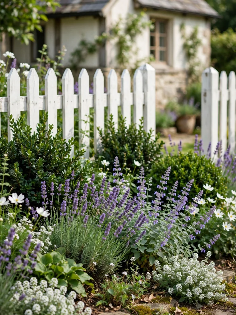 Cottage Evergreen and Perennial Mix with lavender, catmint, and evergreens beside a picket fence