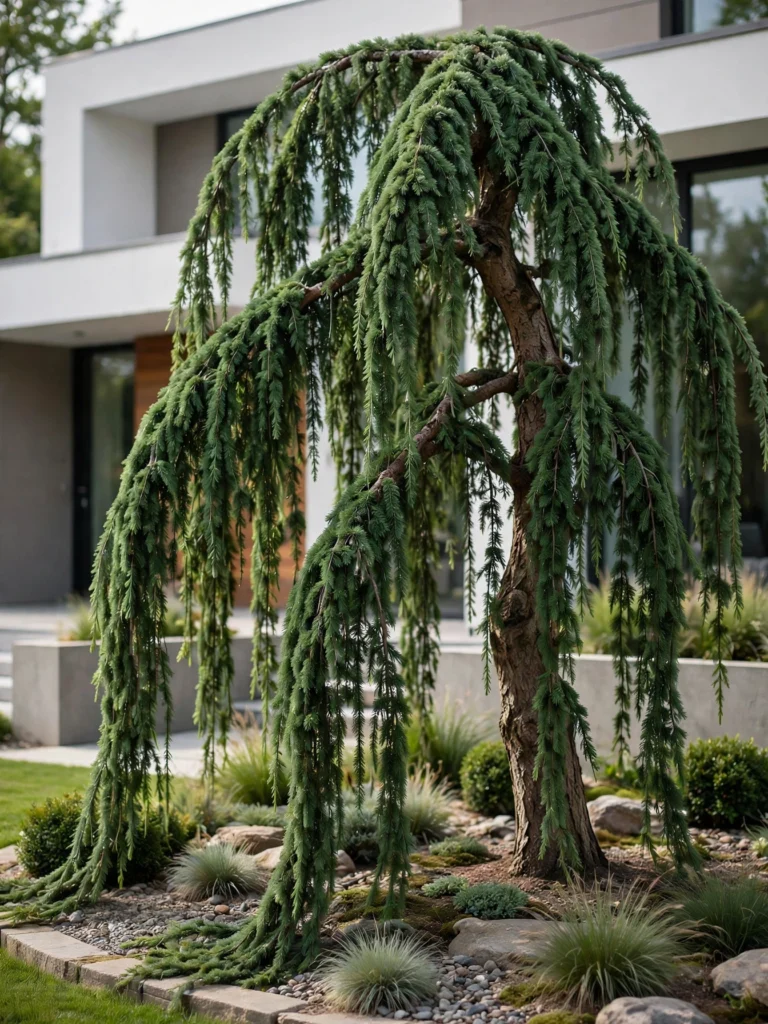 Weeping Evergreen Statement Tree with cascading branches in a front lawn bed before a modern house