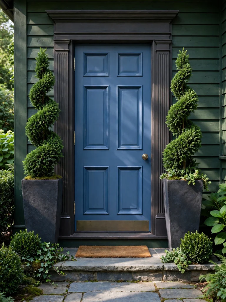 Evergreen Container Entry with two charcoal planters of spiral topiary beside a blue front door