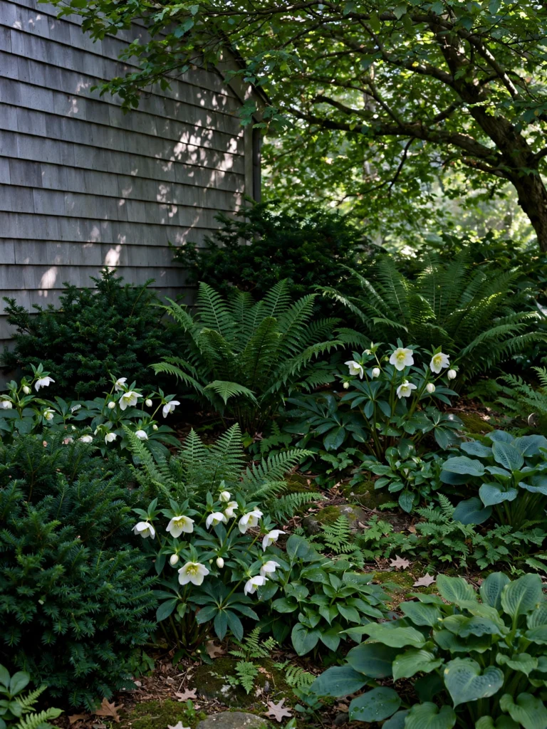 Shade-Loving Fern and Yew Corner with hellebores, ferns, and hostas beneath a mature tree