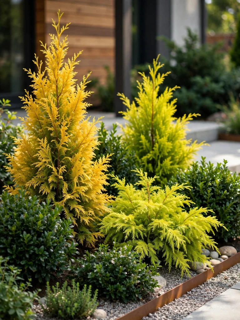 Golden Evergreen Color Accent with golden arborvitae and chartreuse cypress against dark green shrubs
