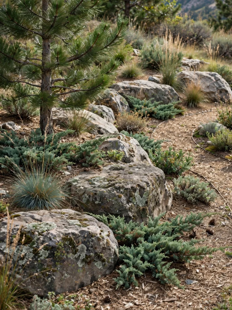 Boulder and Evergreen Naturalistic Bed with weathered stones, mountain pine, juniper, and grasses