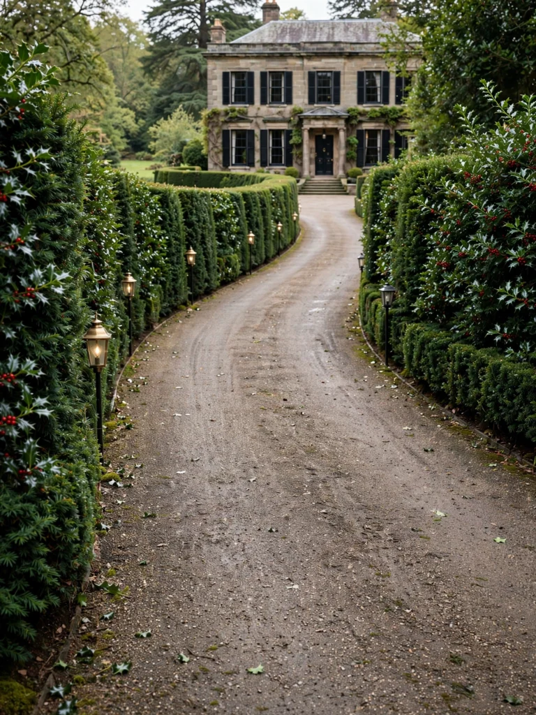 Evergreen Hedge Lined Driveway with trimmed yew and holly hedges and small lamps along a gentle curve