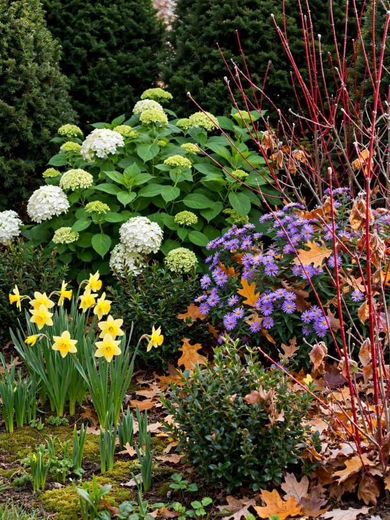 Seasonal Color Layered Over Evergreens with daffodils, hydrangeas, asters, and dogwood in front of dark shrubs