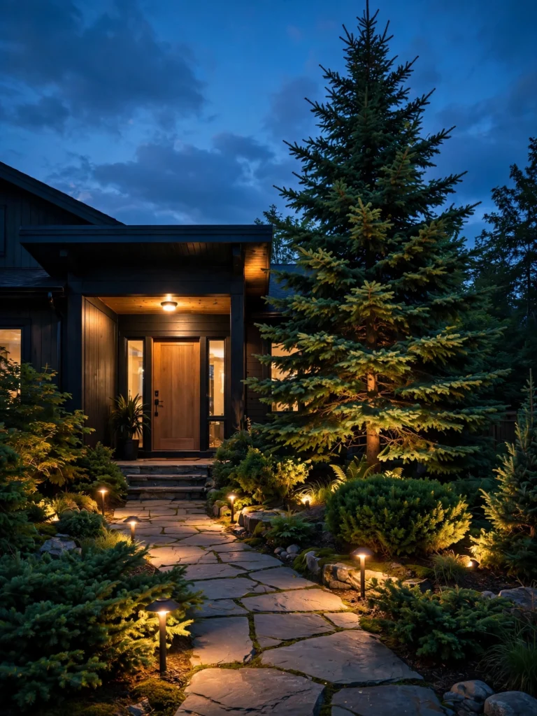 Night Lit Evergreen Front Yard with uplit spruce, glowing path lights, and a warm porch light at dusk