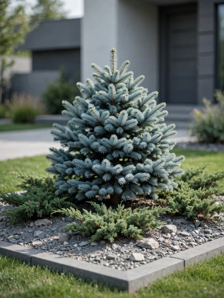 Blue Spruce Focal Point in a front yard island bed with silvery junipers and gravel mulch