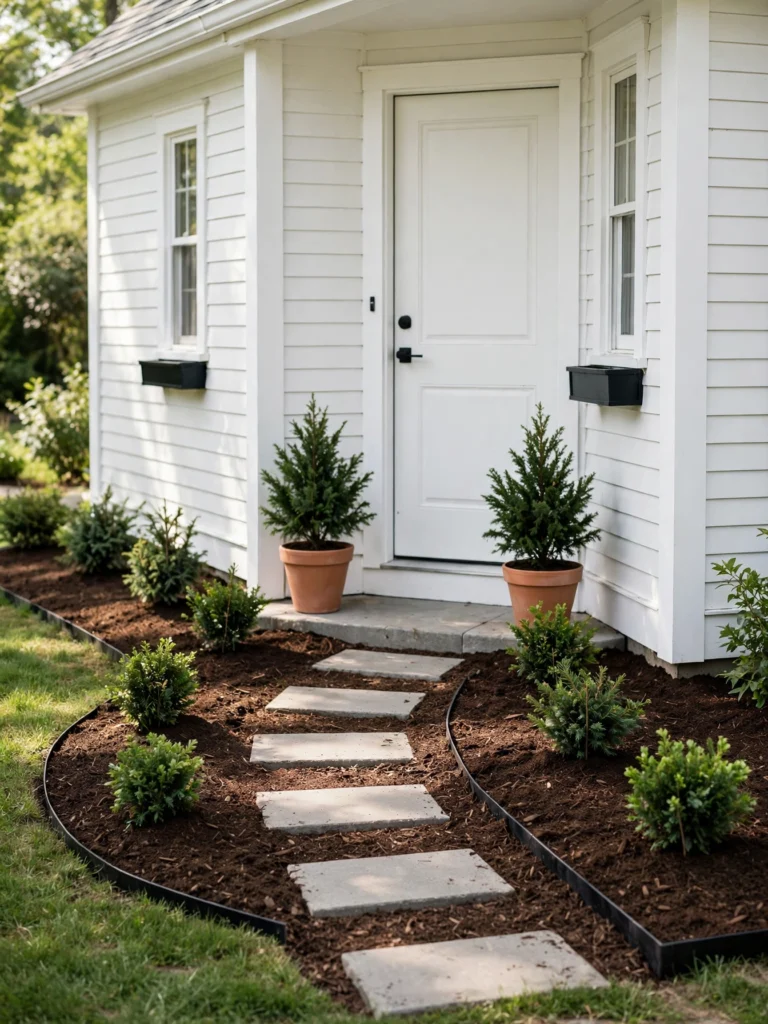 Budget Starter Evergreen Makeover with young shrubs, fresh mulch, neat edging, and potted evergreens